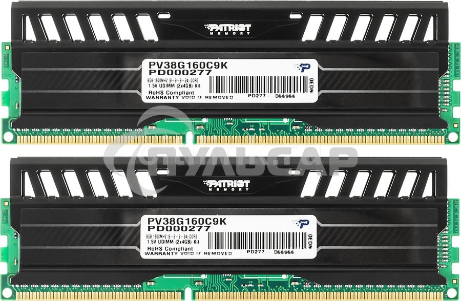 Оперативная память Patriot Viper 3, DDR3, 8Gb (2x4 Gb), 1600 MHz, CL9, DIMM, радиатор, черный