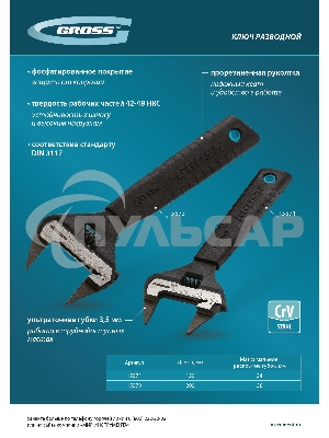 Ключ разводной, 200 мм, CrV, ультратонкие губки Gross 15573