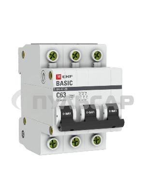 Выключатель автоматический EKF mcb4729-3-63C 3P 63А (C) 4,5кА ВА 47-29 Basic