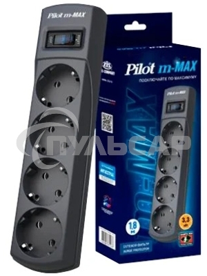 Сетевой фильтр ZIS Pilot m Max 4 розетки (евро с заземлением), 15А/3.3кВа, автомат, 3 м, черный Surge protector Pilot m Max 4 euro outlets, 15А/3.3кВа, 3m, black