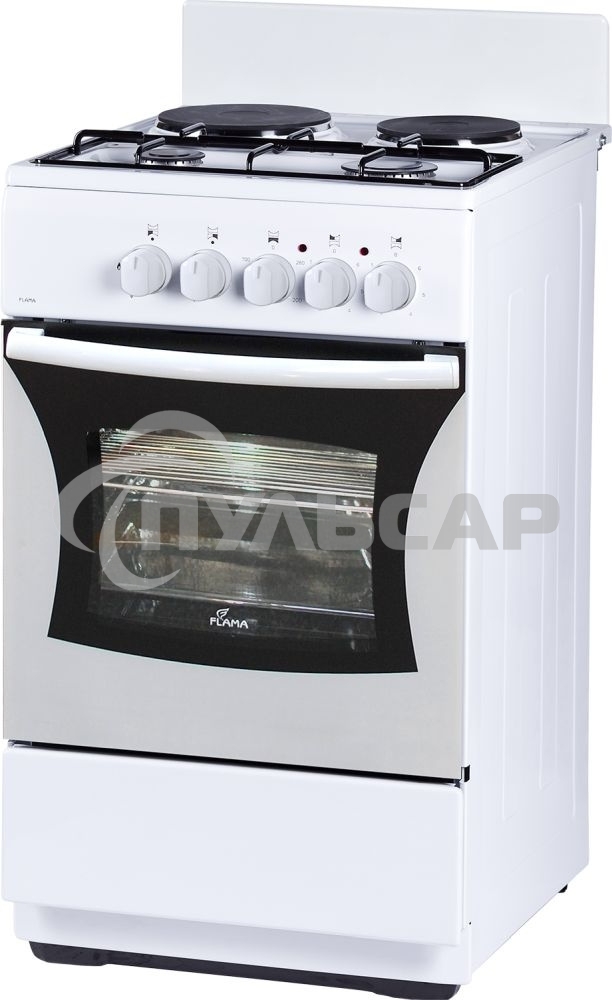 Плита комбинированная Flama RK 2201 W белый, конфорок 2 газовых и 2 электрических, духовка 50 л, 50 см x 85 см x 54 см