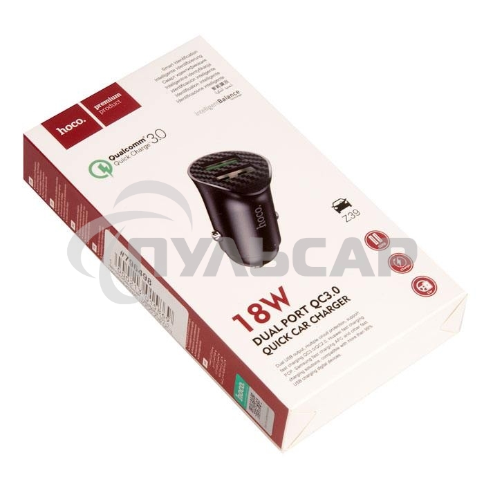 Авто ЗУ/ QC 3.0/ 2 USB/ HOCO HC-35027 Z39/ Выход: 5V_9V_12V, 18W/ черный