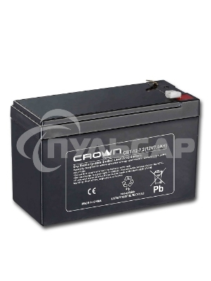 Батарея CROWN CBT-12-7.2 (напряжение 12В, емкость 7.2 А/Ч, разм 151х65х100 мм, вес 2,1 кг, тип клеммы - F2, 5 лет)