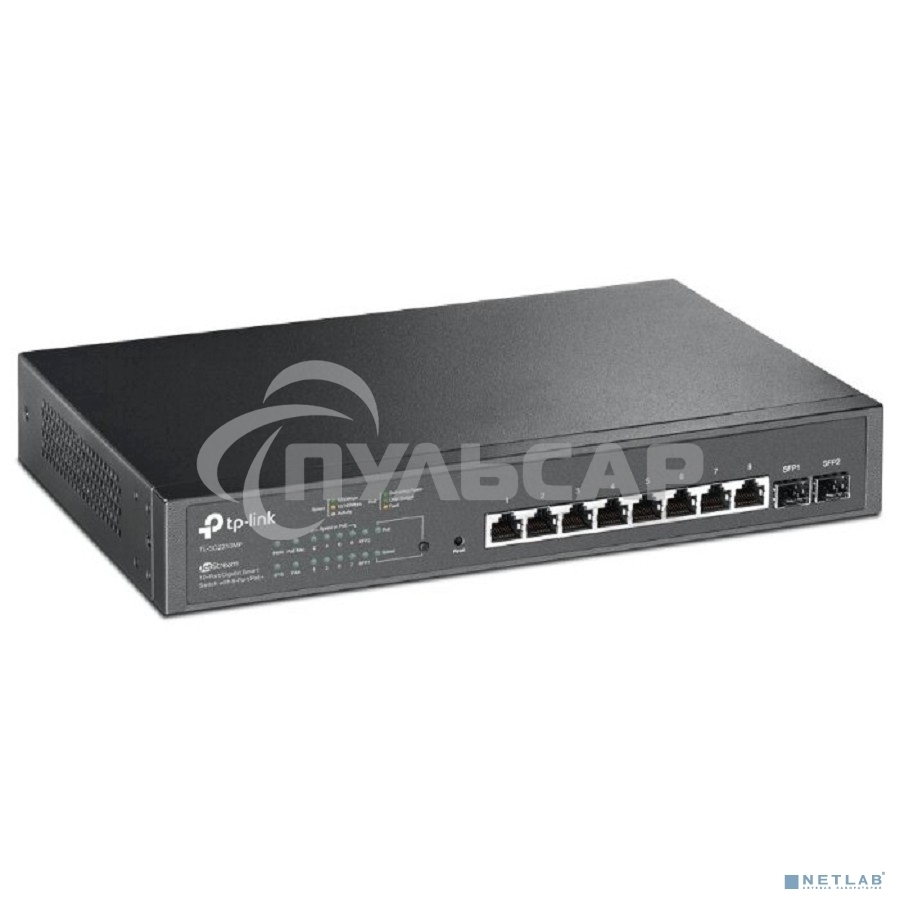 Коммутатор TP-Link JetStream 10-Port Gigabit Smart Switch with 8-Port PoE+, 8× Gigabit PoE+ Ports, 2× Gigabit SFP Slots, 802.3at/af, 150 W PoE Power, 1U 13-inch Rack-mountable Steel CaseIntegration with Omada SDN Controller, 802.1Q VLAN, STP/RSTP/MSTP, IG