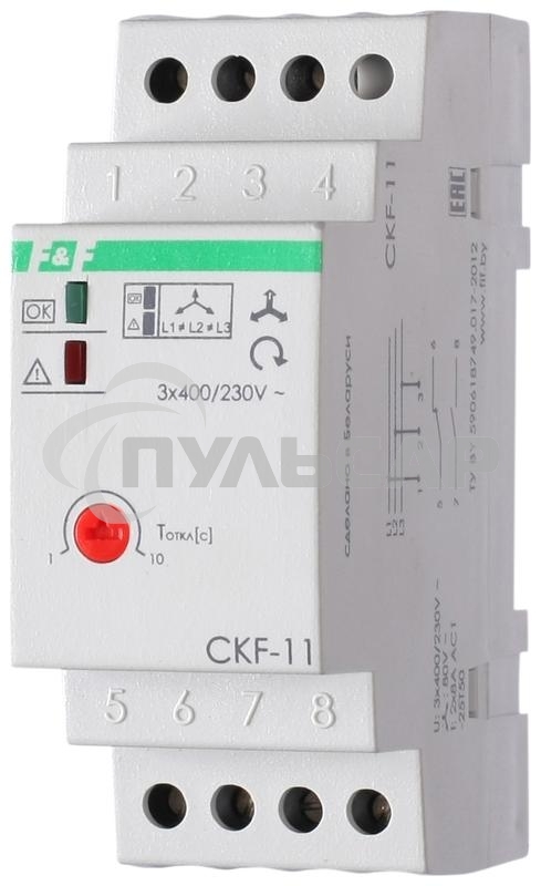 Реле контроля фаз для сетей с изолированной нейтралью CKF-11 (монтаж на DIN-рейке 35мм; регулировка задержки отключения; контроль чередования фаз; 3х400В 8А 1Z 1R IP20)(аналог ЕЛ-11Е) F&F EA04.004.003