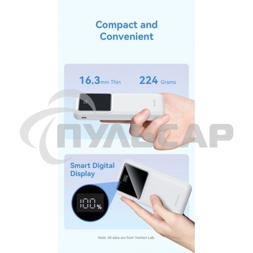 Портативный аккумулятор Vention 10000mAh(M/C-A/A)22.5W белый с LED Дисплеем