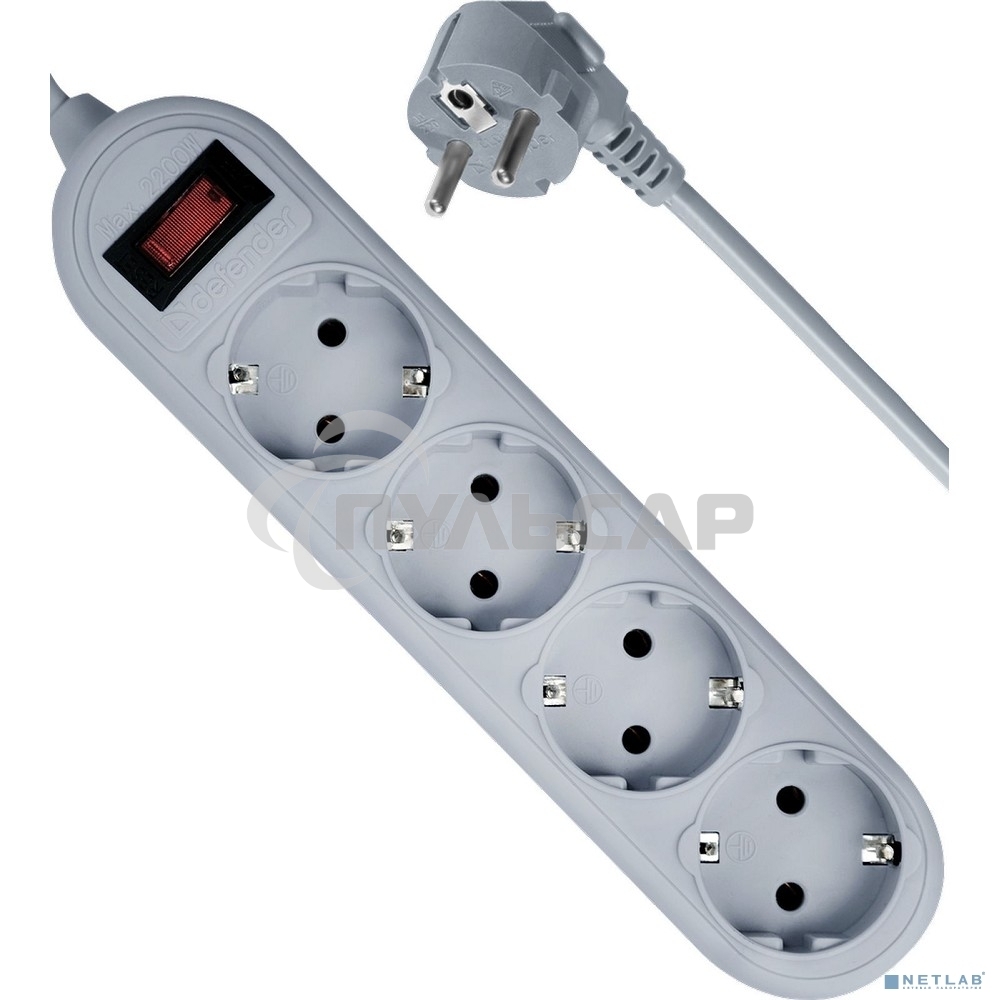 Сетевой фильтр Defender ES Lite, 1.8м, 4 розетки, серый