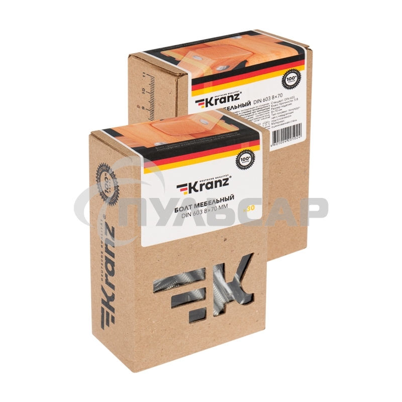 Болт мебельный KRANZ DIN 603, 8х70, упаковка поставщика ( 20 кг. / 672 шт.)