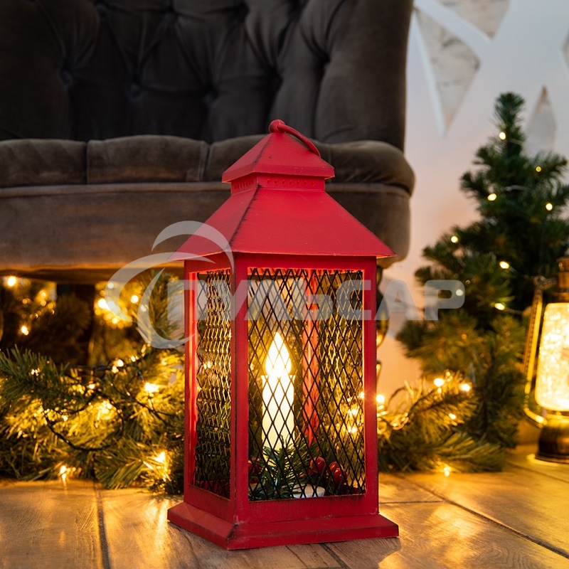 Декоративный фонарь Neon-night со свечкой, красный корпус, размер 13.5х13.5х30,5 см, цвет теплый белый