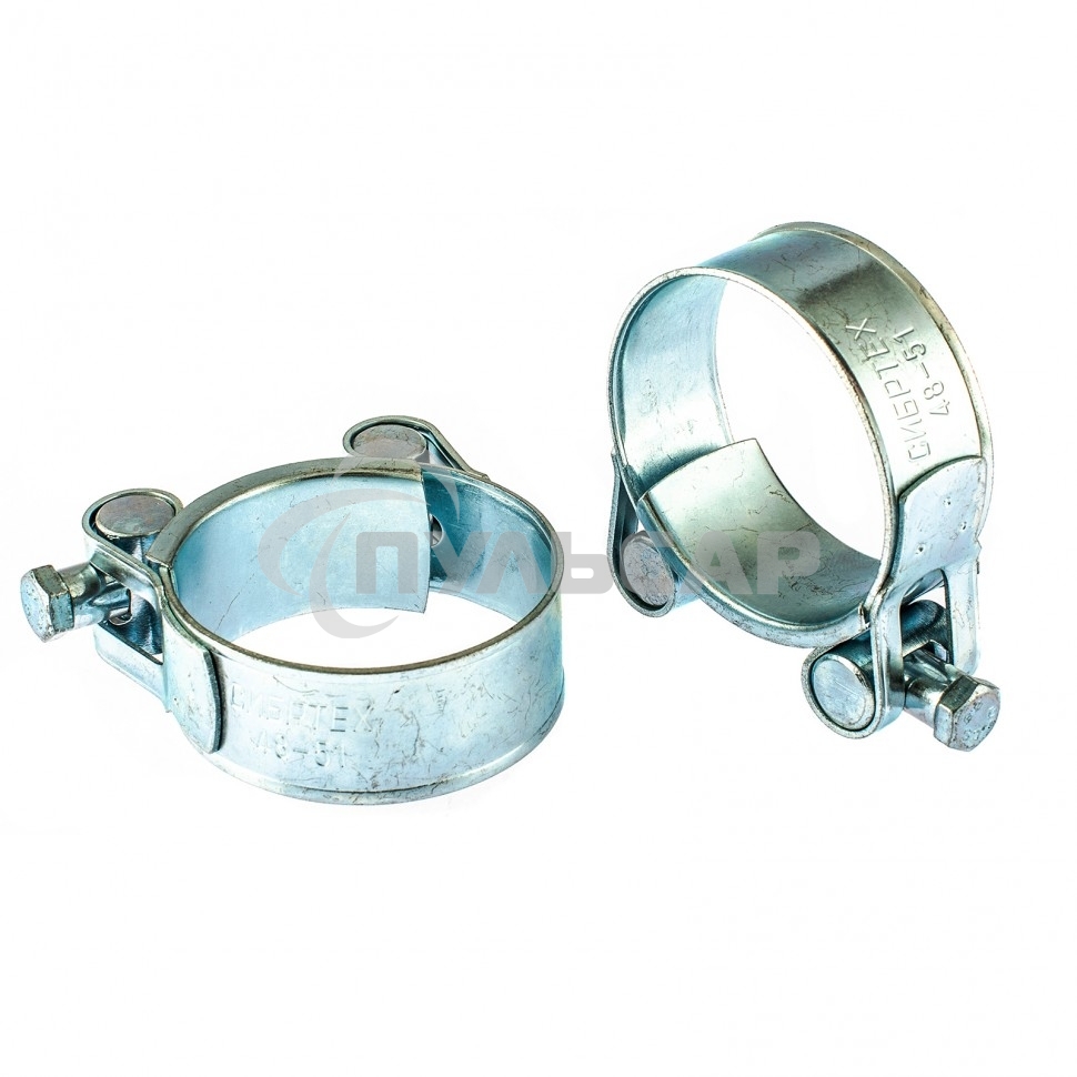 Хомуты металлические, силовые 48-51 мм, ширина 22 мм, шарнирные, W1, 2 шт. Сибртех