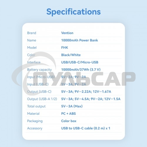 Портативный аккумулятор Vention 10000mAh(M/C-A/A)22.5W белый с LED Дисплеем
