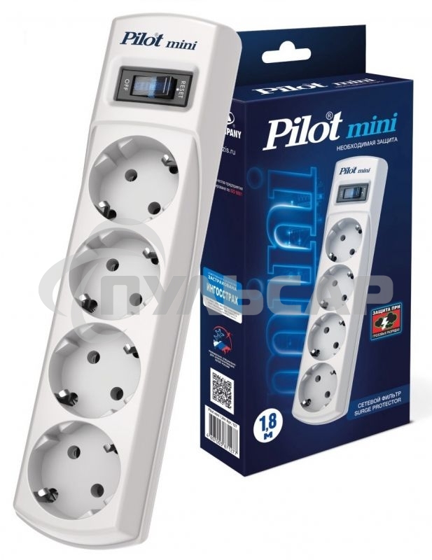 Сетевой фильтр Pilot mini 1.8м (4 розетки) белый (коробка)