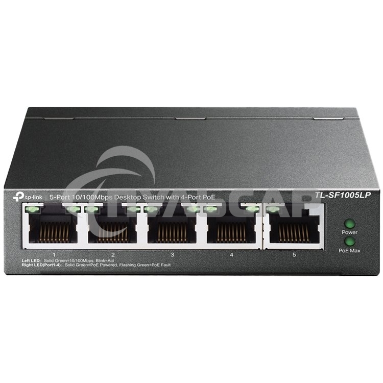 Коммутатор 5-Port 10/100Mbps Unmanaged Switch with 4-Port PoE, meta case, desktop mount, PoE budget 41W.