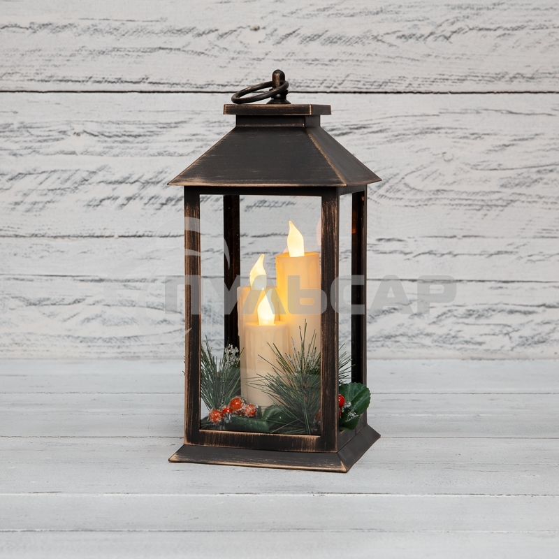 Декоративный фонарь Neon-night со свечкой и шишкой, бронзовый корпус, размер 14x14x27 см, цвет теплый белый