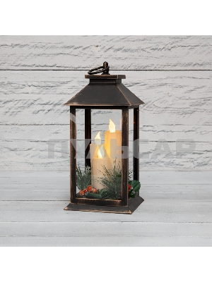 Декоративный фонарь Neon-night со свечкой и шишкой, бронзовый корпус, размер 14x14x27 см, цвет теплый белый