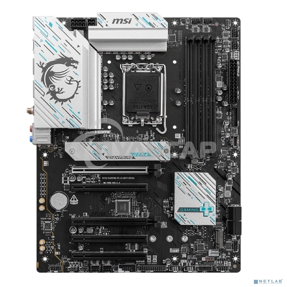 Материнская плата MSI B760 GAMING PLUS WIFI DDR4, LGA 1700, Intel B760, 4xDDR4, 4xSATA, 2xM.2, 1xPCI-E 4.0 x16, 1xPCI-E 4.0 x4, 3xPCI-E 3.0 x1, 1xHDMI, 1xDP, 2xUSB 3.2 Gen 2, 4xUSB 2.0, 1xUSB 3.2 Gen 2, 1x 2.5Gb LAN, 5x3.5 мм, 7.1, ATX