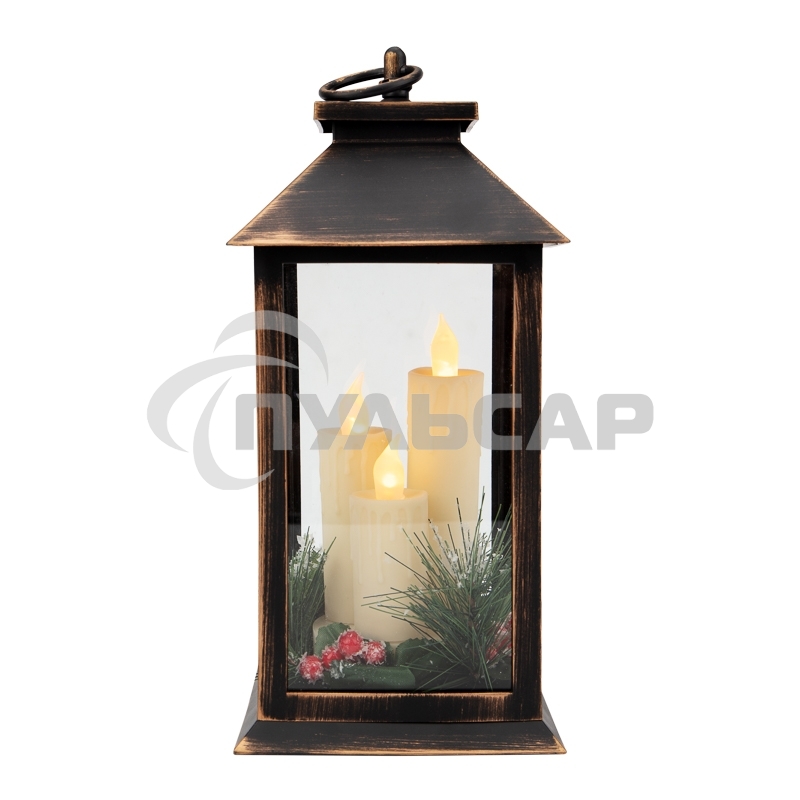 Декоративный фонарь Neon-night со свечкой и шишкой, бронзовый корпус, размер 14x14x27 см, цвет теплый белый