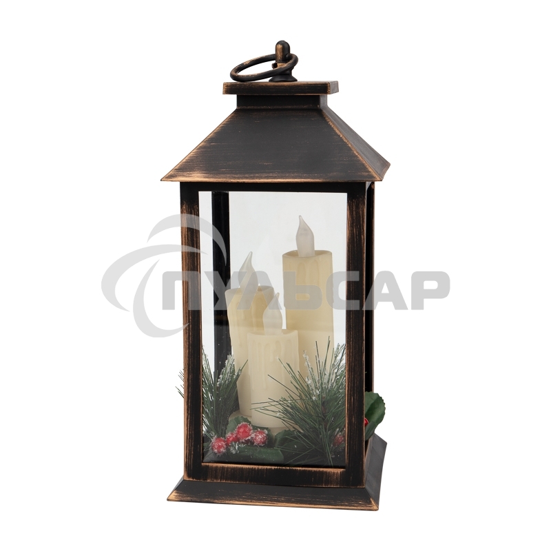 Декоративный фонарь Neon-night со свечкой и шишкой, бронзовый корпус, размер 14x14x27 см, цвет теплый белый