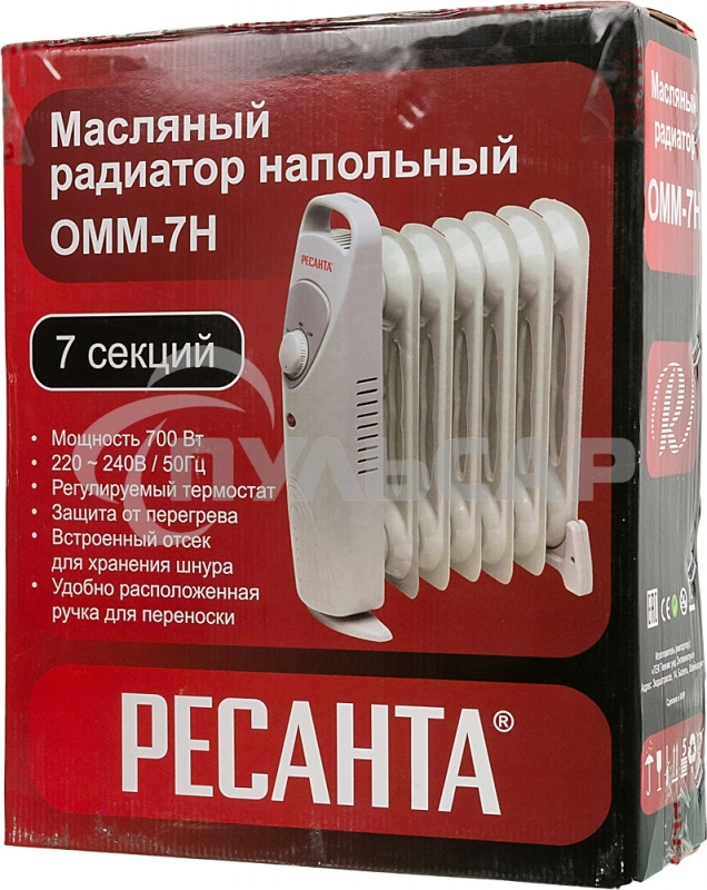 Обогреватель масляный Ресанта ОММ-7Н (7 секций) белый, 700 Вт, 10 м2, термостат 67/3/1