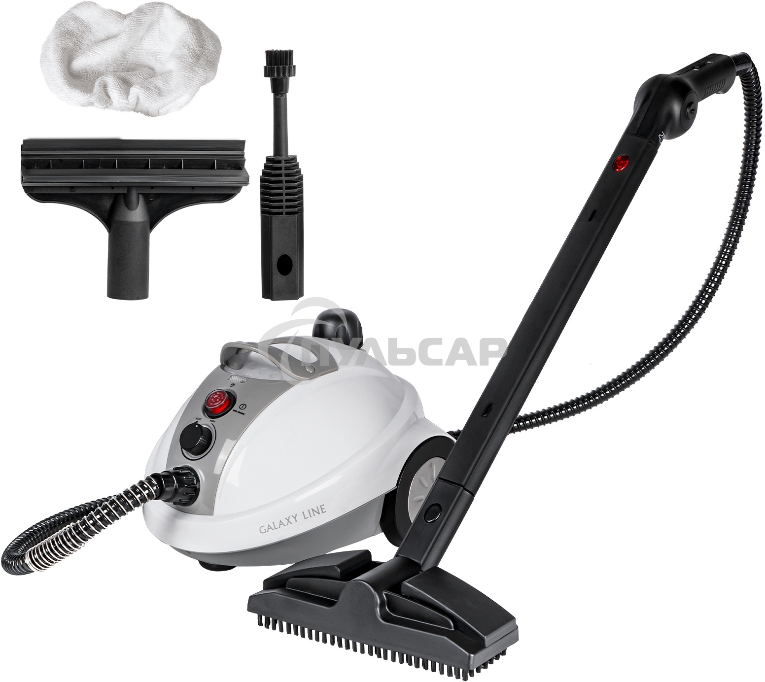 Пароочиститель Galaxy Line GL 6270, белый, 1500 Вт, 700 мл, 3,5 бар, выход пара 65 г/мин, нагрев 10 мин, время раб. до 30 мин, темп. пара 100°С, блокировка подачи пара, регул. выхода пара, защита от перегрева, степень защиты IPX4, аксессуары: насадка для 