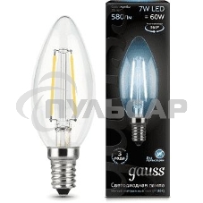 Лампа светодиодная Gauss LED Filament Свеча E14 7W 580lm 4100К 1/10/50