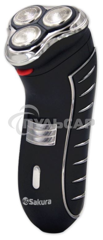 Электробритва Sakura SA-5414BK черный(Бритва электрическая, сухое бритье, работа от аккумулятора. 3 бреющие головки. Прорезиненная поверхность. Индикатор заряда батарейки. Защитная крышка. Щеточка для очистки.)