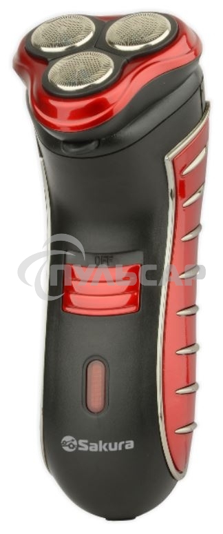 Электробритва Sakura SA-5414RB красно-черный(Бритва электрическая, сухое бритье, работа от аккумулятора. 3 бреющие головки. Индикатор заряда батарейки. Защитная крышка. Щеточка для очистки.)