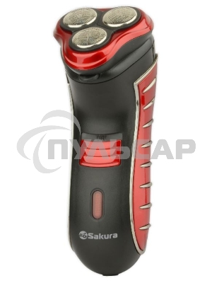 Электробритва Sakura SA-5414RB красно-черный(Бритва электрическая, сухое бритье, работа от аккумулятора. 3 бреющие головки. Индикатор заряда батарейки. Защитная крышка. Щеточка для очистки.)