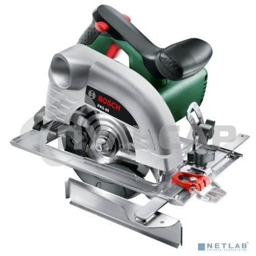 Пилы, Станки Bosch PKS 40 06033C5000 Ручная дисковая пила 850 Вт, глубина пропила под углом 90°: 0-40 мм, глубина пропила под углом 45°: 0-26 мм. Направляющая пластина 120 х 260 мм, масса 2,