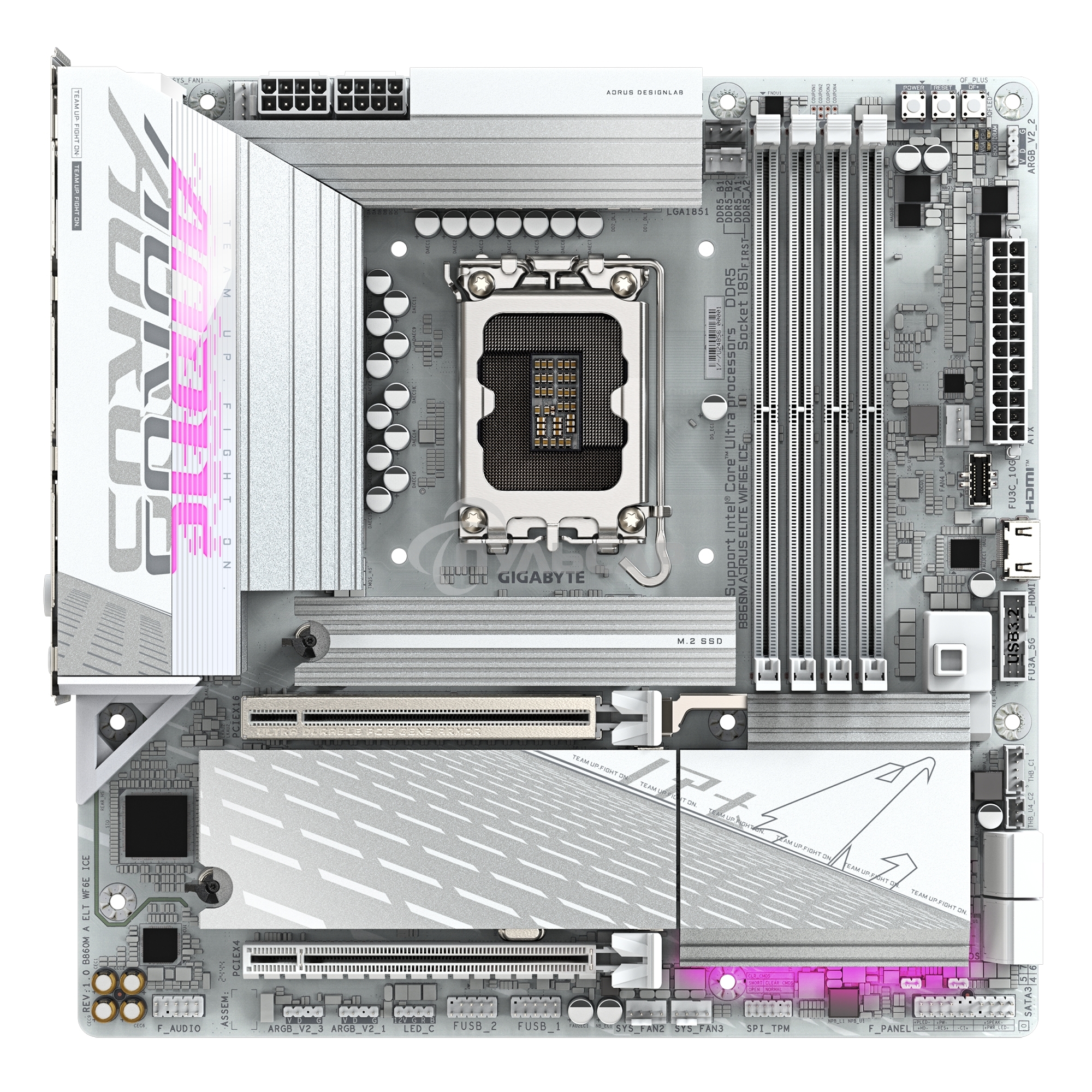 Материнская плата Gigabyte B860M AORUS ELITE WIFI6E ICE, LGA1851, Intel B860, 4xDDR5, 4xSATA, 3xM.2, 1xPCIe 5.0 x16, 1xPCIe 4.0 x4, 1xDP, 2xHDMI, 1x2.5Gb LAN, Wi-Fi 6E, Bluetooth 5.3, 2xUSB-A 10Gbps (Gen2), 4xUSB-A 5Gbps, 4xUSB-A 2.0, 1xUSB-C 20Gbps (USB4