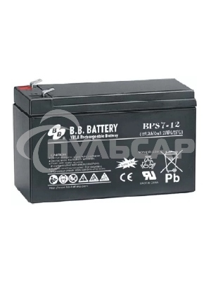 Аккумулятор B.B. Battery series BP, BP7-12, voltage 12V, capacity 7Ah (discharge 20 hours), max. discharge current (5 sec.) 105A, max. charge current 2.1A, lead-acid AGM type, T2 terminals, LxWxH 151x65x98мм, weight 2.54kg, service life 10 years