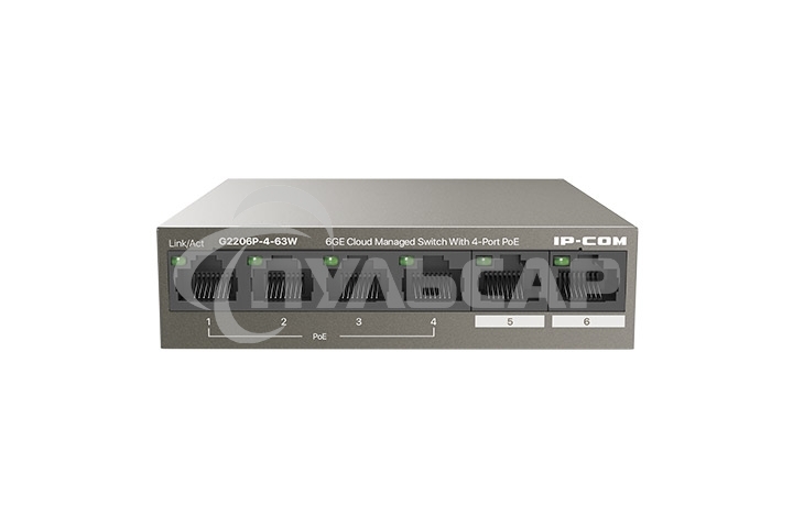 Сетевой коммутатор IP-COM G2206P-4-63W 4x10Base-T / 100Base-TX / 1000Base-T 2x1000Base-T PoE порты 4 Количество портов PoE+ 4 G2206P-4-63W