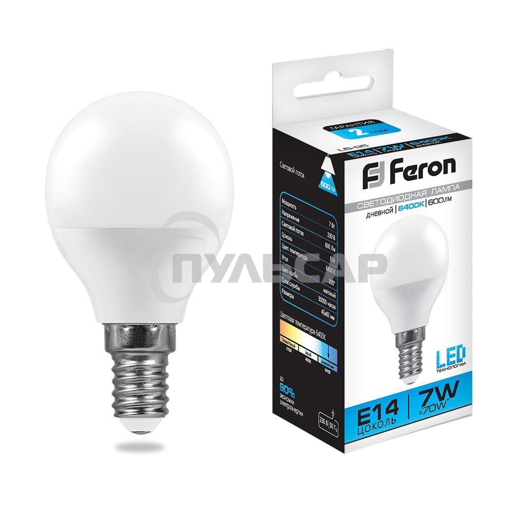 Лампа светодиодная Feron LB-95 7W 230V E14 6400K G45