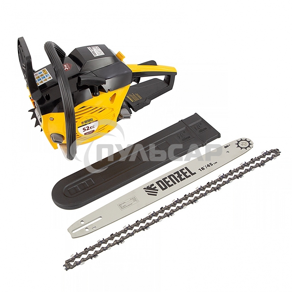 Пила цепная бензиновая Denzel DGS-5218, шина 45 см, 52см3, 3,5 л.с., шаг 0,325, паз 1,5 мм,
