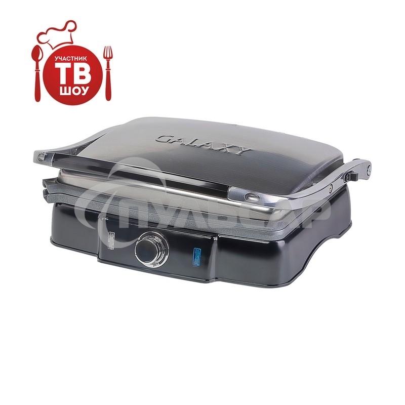 Гриль электрический Galaxy Line GL 2961, черный с серебристым, механическое управление, 2200 Вт, мраморное керамическое покрытие рабочей поверхности, корпус из нержавеющей стали, индикаторы сети и нагрева, регулятор температуры, лопатка и емкости для сбор
