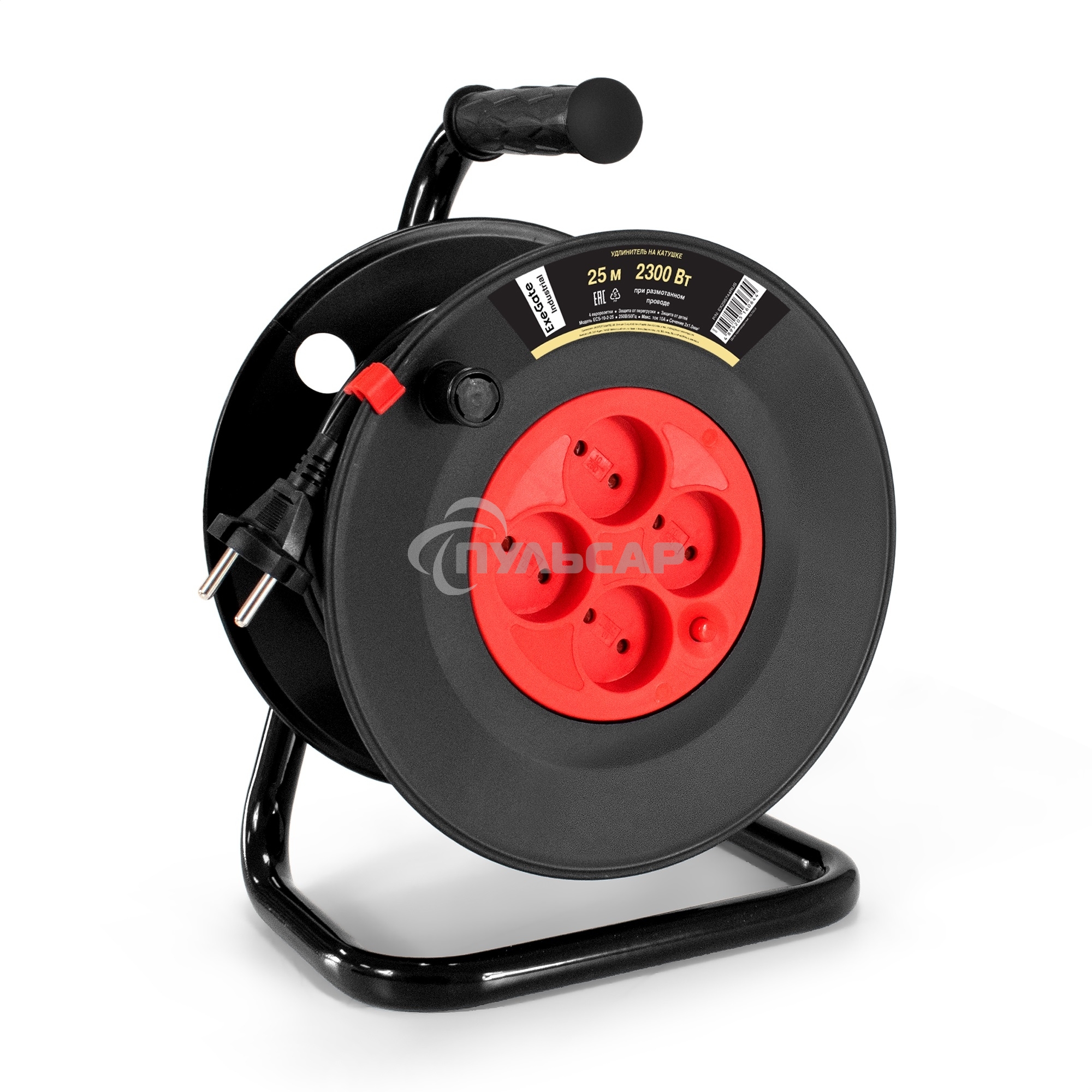 Удлинитель на катушке ExeGate industrial ECS-10-2-25 (4 евророзетки, IP20, 25м, защита от детей, защита от перегрузки, 2х1,0мм2, 10А/2.3кВт)