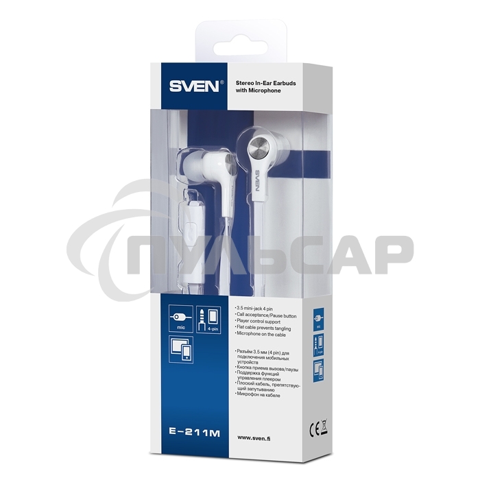Наушники внутриканальные с микрофоном SVEN E-211Mбелый