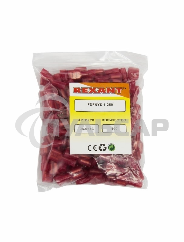 Клемма плоская полностью изолированная Rexant, гнездо 6.6 мм, в нейлоне, 0.5-1.5 мм² (РПи-м(н) 1.5-(6.3)), красный