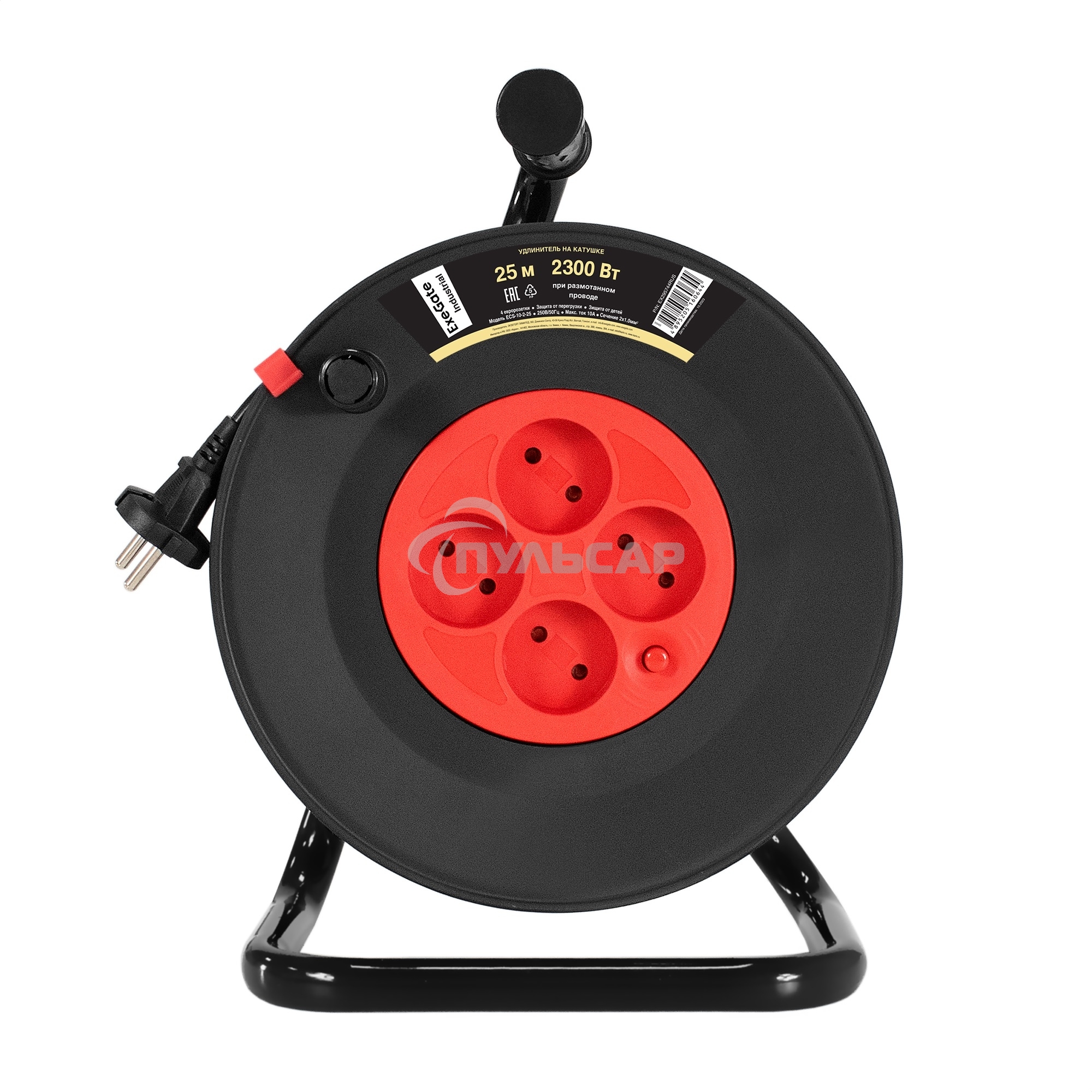 Удлинитель на катушке ExeGate industrial ECS-10-2-25 (4 евророзетки, IP20, 25м, защита от детей, защита от перегрузки, 2х1,0мм2, 10А/2.3кВт)