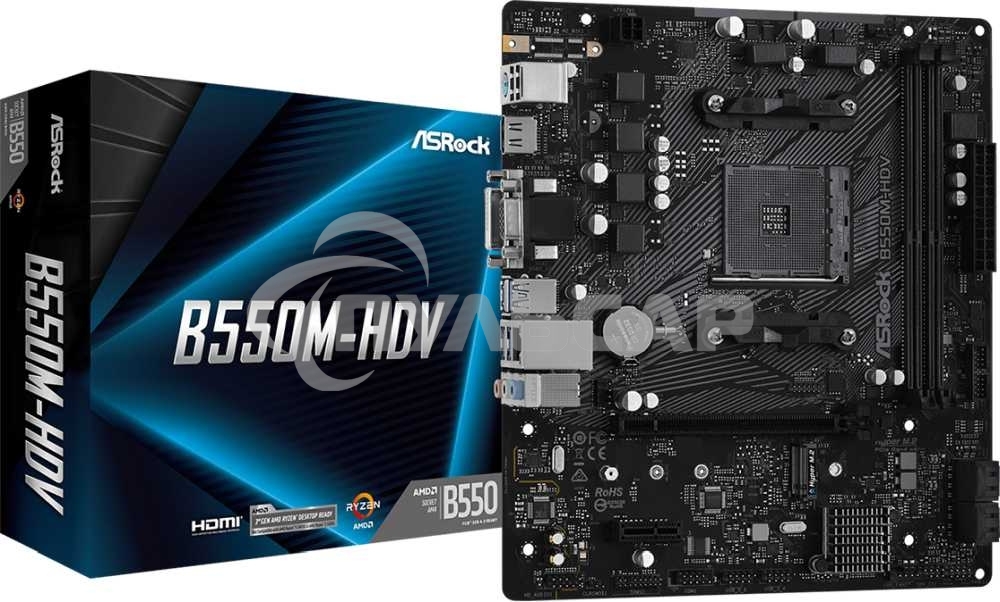 Материнская плата ASRock B550M-HDV, AM4, AMD B550, 2xDDR4, 4xSATA, 1xM.2, 1xPCIe 4.0 x16, 1xDVI-D, 1xHDMI, 1xVGA, 1x 1Gb LAN, 3x3.5 мм, 7.1, mATX