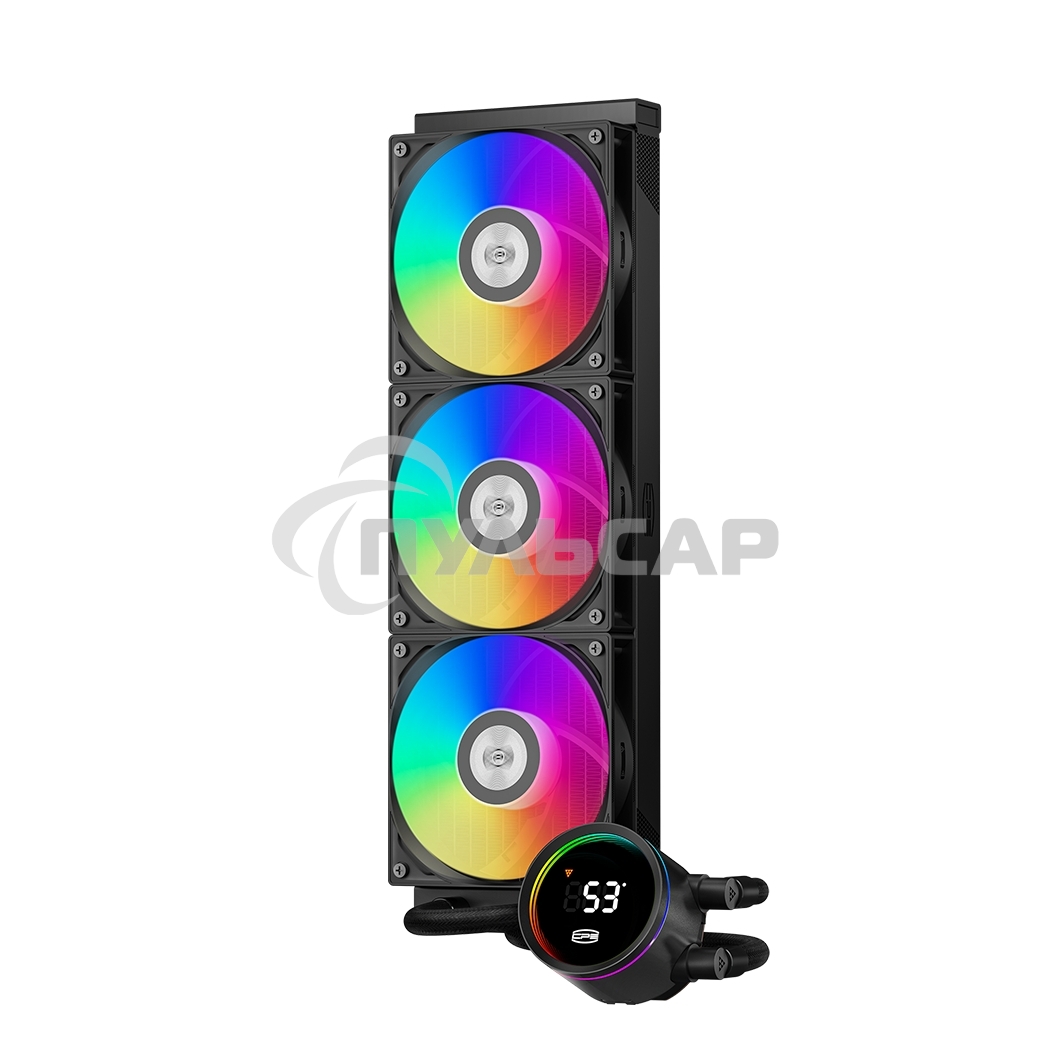 Система охлаждения PCCooler DA360 Pro ARGB Digital BK (300W, 360мм, LED temp., Black, ARGB/ Fans: 3x120мм, 75.8CFM, 33.7dBA, 2200RPM/ Pump height 57мм, 28dBA, 3000RPM, Rad thickness 27мм/ S: 1851, 1700, 1200, 20XX, 115X, AM5, AM4)