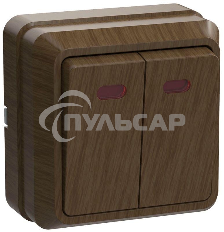 Выключатель 2-кл. ОП ОКТАВА 10А IP20 с индик. дуб ИЭК EVO21-K04-10-DC