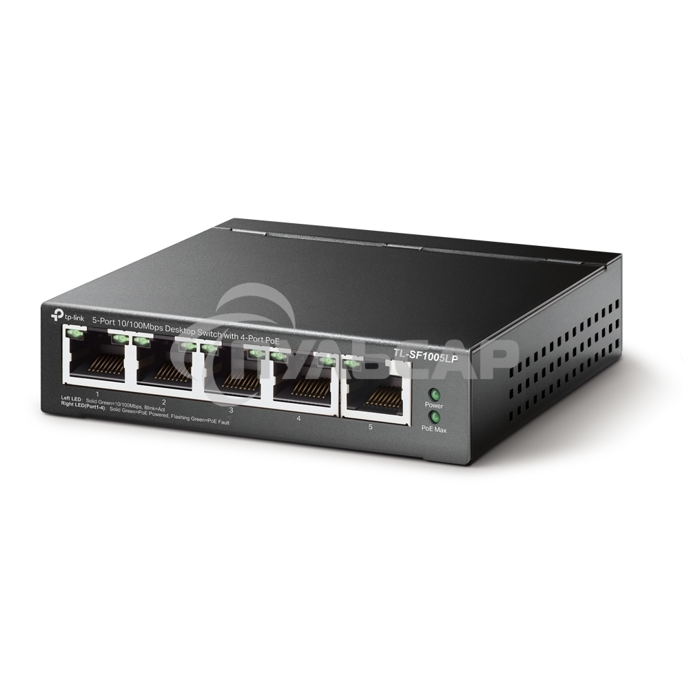 Коммутатор 5-Port 10/100Mbps Unmanaged Switch with 4-Port PoE, meta case, desktop mount, PoE budget 41W.