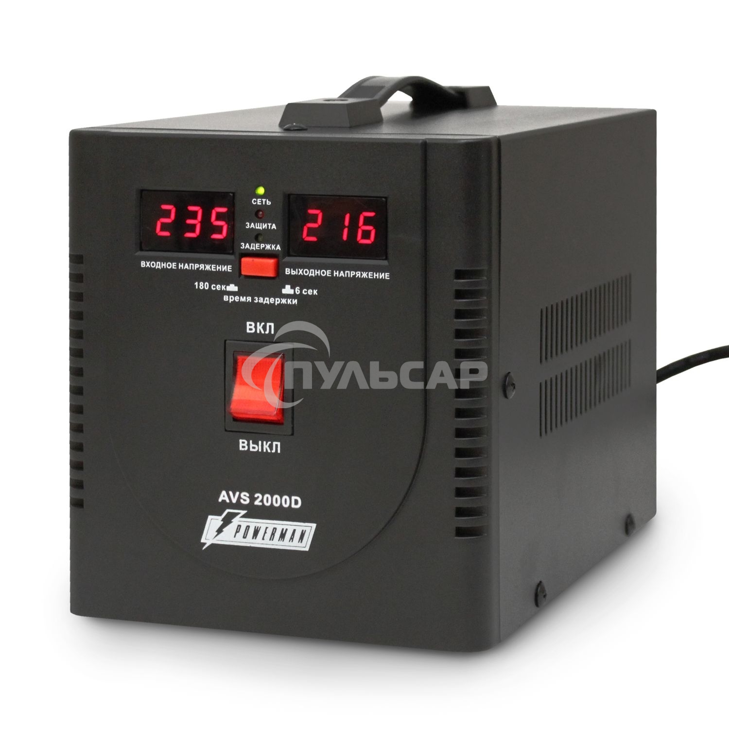 Стабилизатор напряжения Powerman AVS-D Voltage Regulator 2000VA, Digital Indication, 2x Schuko Outlets, 1m Power Cord, 230V, 1 year warranty, черный