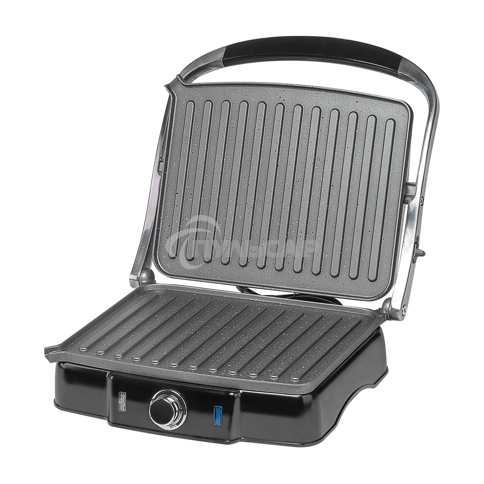 Гриль электрический Galaxy Line GL 2961, черный с серебристым, механическое управление, 2200 Вт, мраморное керамическое покрытие рабочей поверхности, корпус из нержавеющей стали, индикаторы сети и нагрева, регулятор температуры, лопатка и емкости для сбор