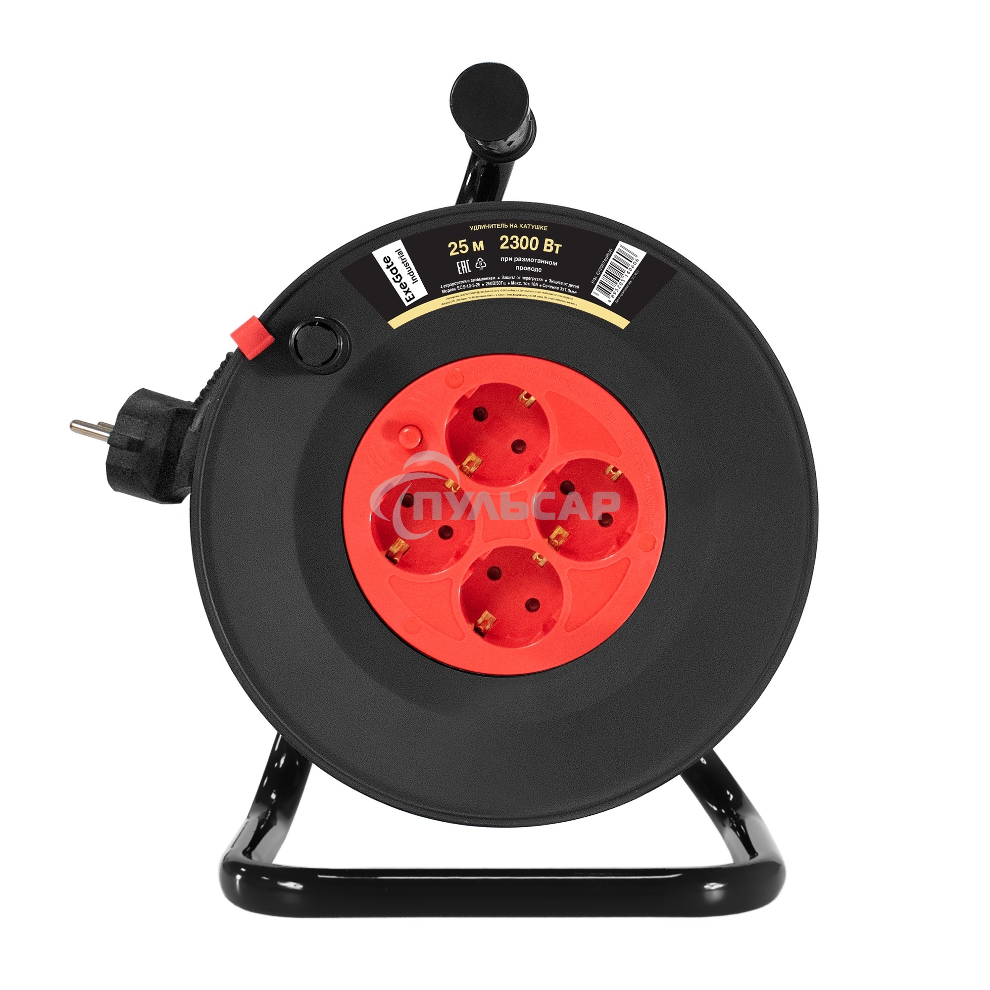 Удлинитель на катушке ExeGate industrial ECS-10-3-25 (4 евророзетки с заземлением, IP20, 25м, защита от детей, защита от перегрузки, 3х1,0мм2, 10А/2.3кВт)