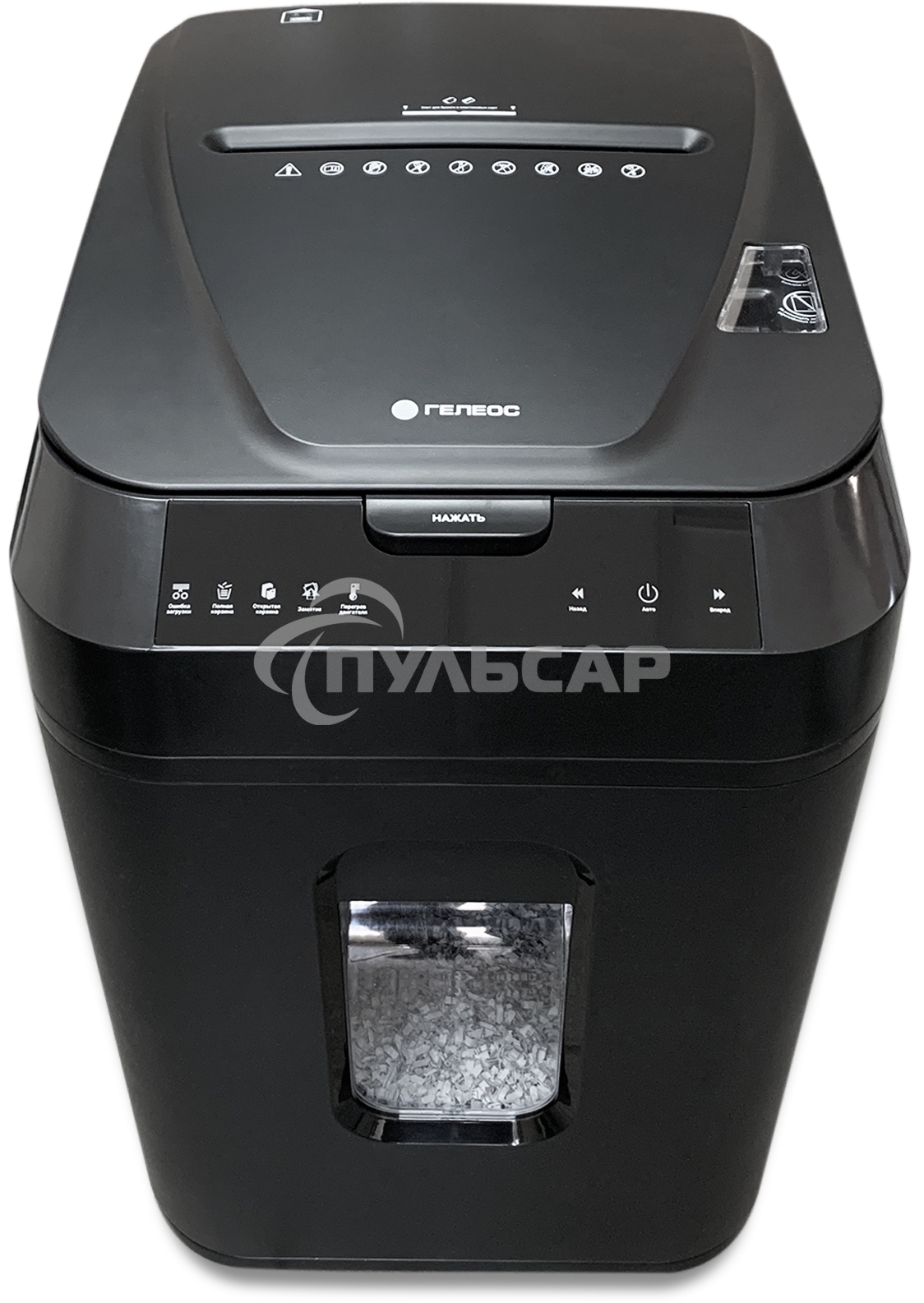 Шредер ГЕЛЕОС АП40-4, DIN P-4 (4 ур-нь секр.), фрагмент 3,9х12мм, АВТОПОДАЧА 170 лист (70г/м2), пл.карты/скрепки/скобы, 37 литров