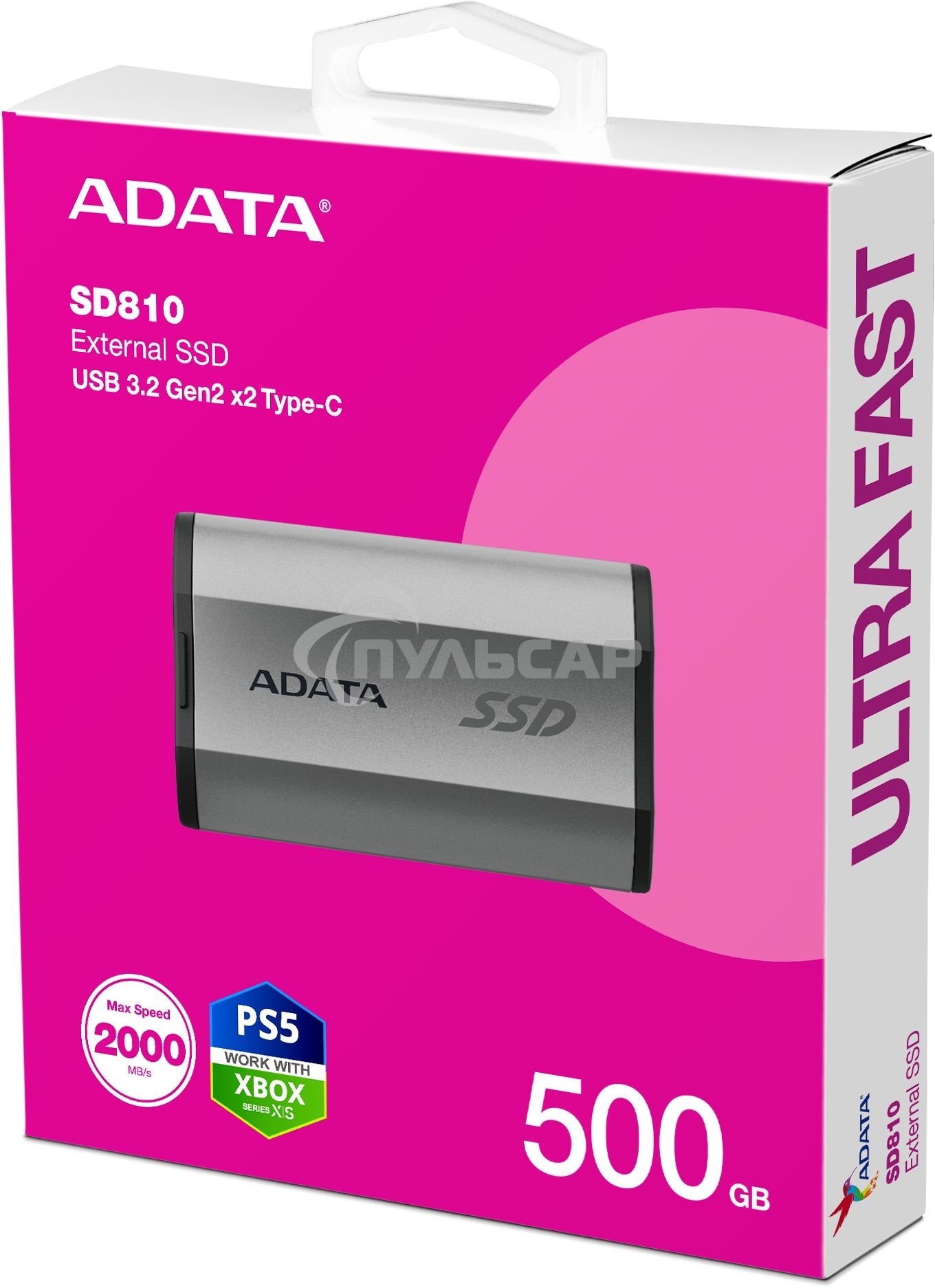 Внешний SSD ADATA SD810, 500 GB, USB 3.2 Gen 2x2 Type-C, R/W 2000/2000, серебристый