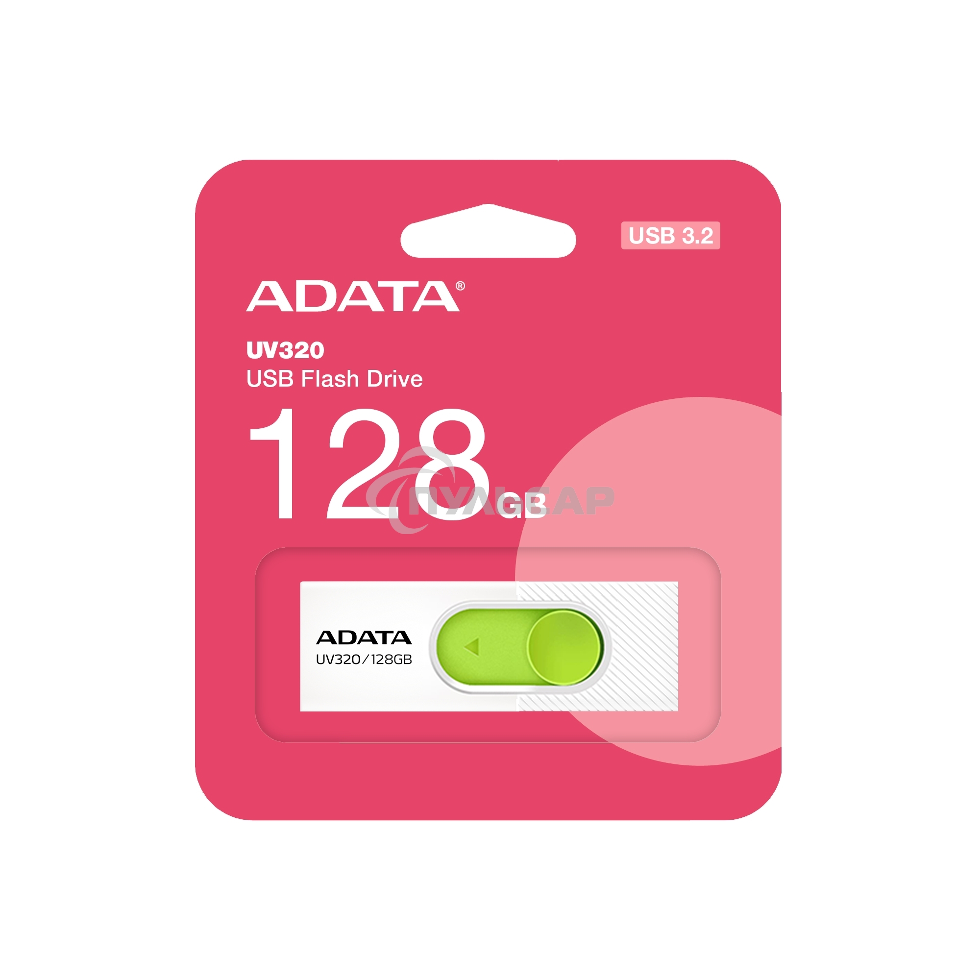 Флешка USB ADATA UV320 (AUV320-128G-RWHGN), 128 Gb, USB 3.2 Gen1, R/W 100/30, белый/зеленый