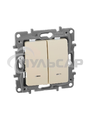 Выключатель 2-клавишный с подсветкой, на винтах, 10АХ, сл. кость